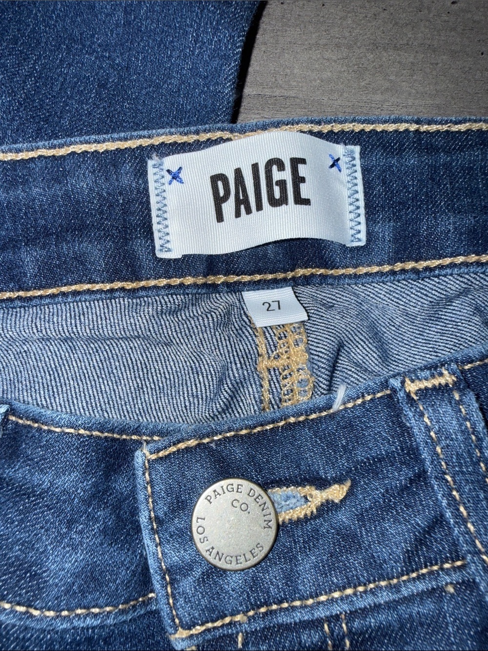 PAIGE Denim Jeans in Dark Indigo with Gold Stitching
